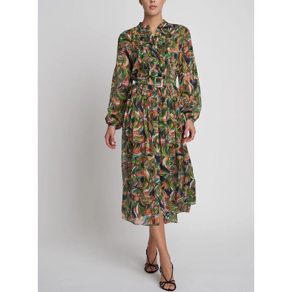 SALONI Raquel Silk Chiffon Belted Midi Dress Jade Palmier Saks 8 NWT $815 - Picture 15 of 15